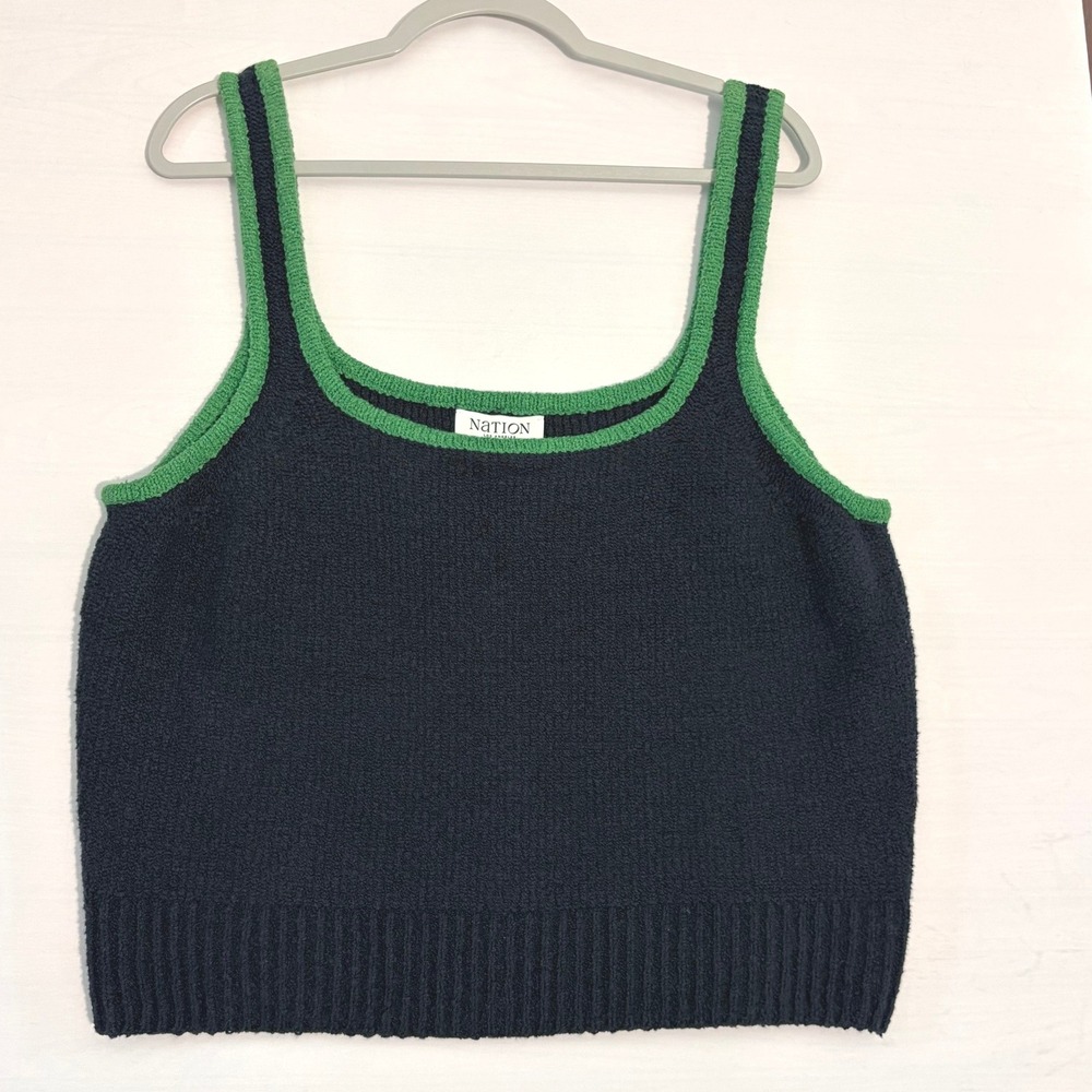 Nation LTD Los Angeles Navy Green Contrast Knit‎ Boucle Tank Top XL 9163PV